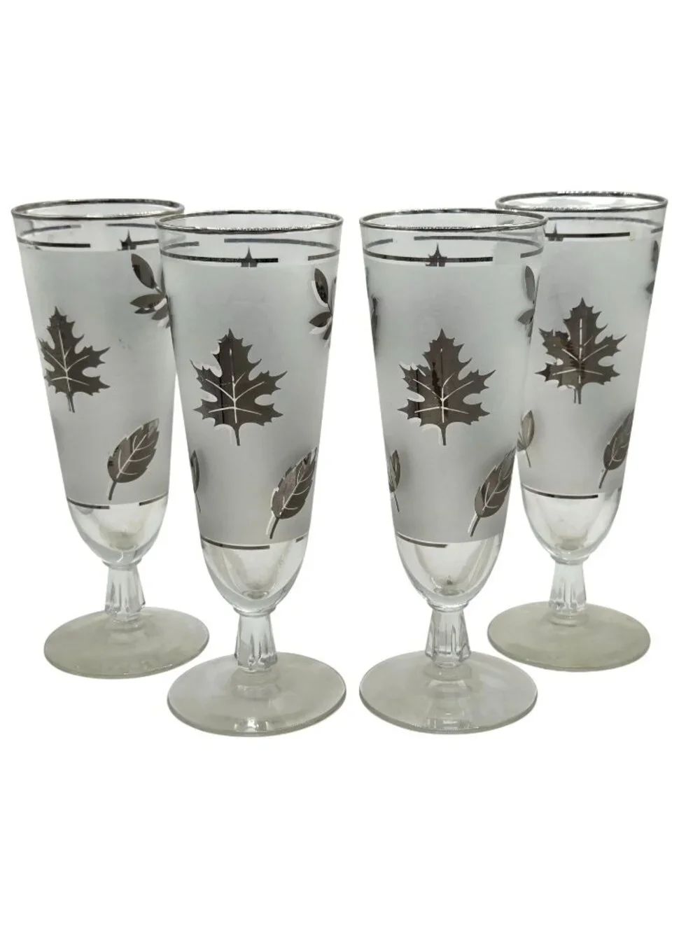 Vtg Libbey Silver Foliage Leaf Footed Pilsner Glasses Set Of 4 Frosted Champagne - Picture 3 of 12